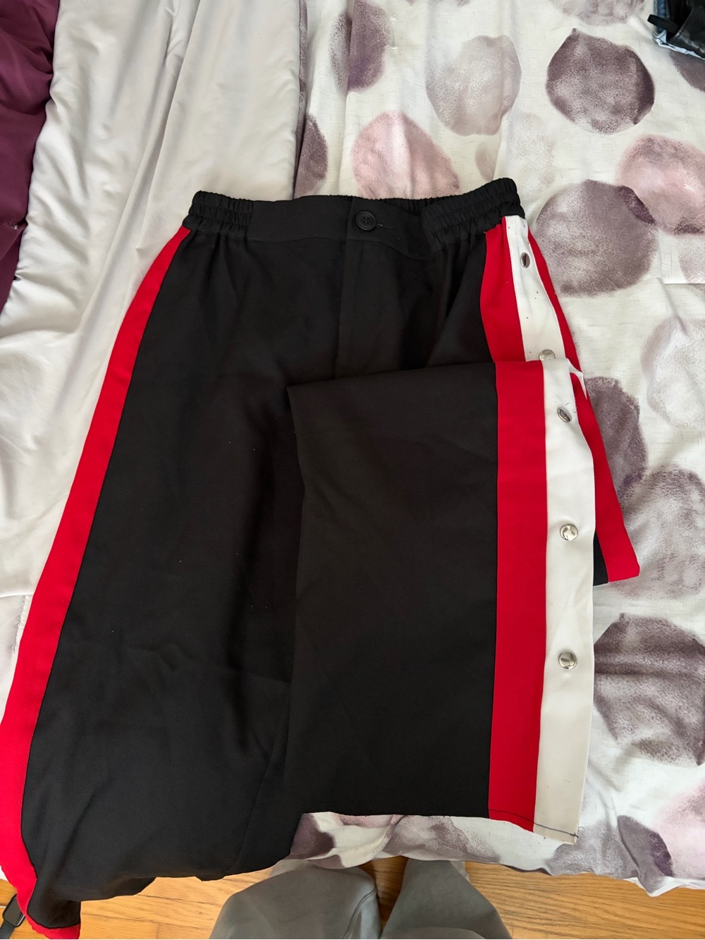 San Joy Black Straight-Leg Pants with Red & White Side Stripes